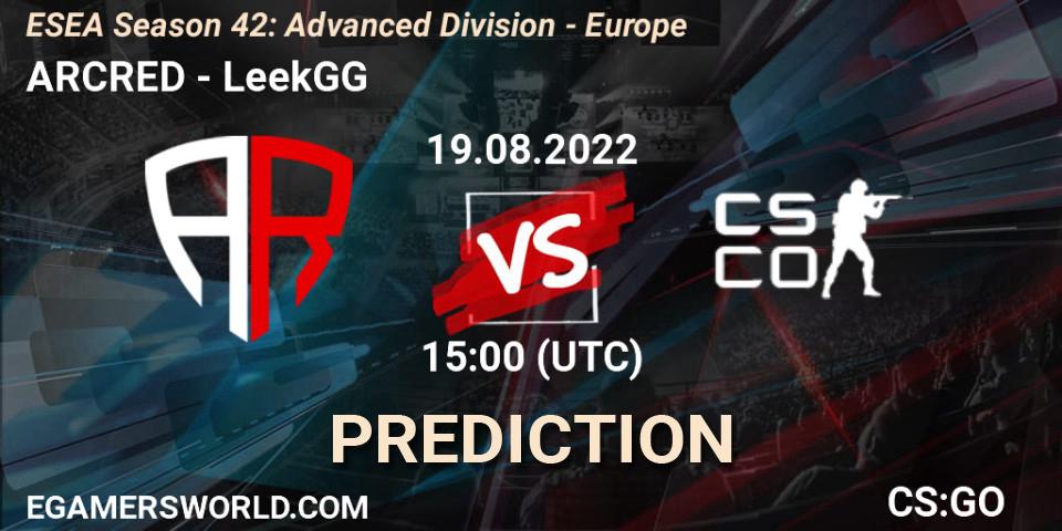 ARCRED contre LeekGG : prédiction de match. 19.08.2022 at 15:00. Counter-Strike (CS2), ESEA Season 42: Advanced Division - Europe