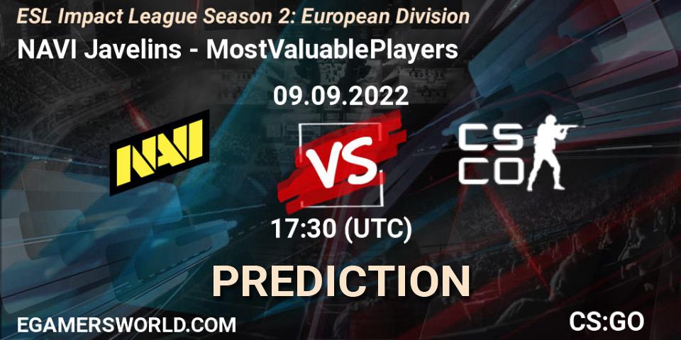NAVI Javelins contre MostValuablePlayers : prédiction de match. 09.09.2022 at 17:30. Counter-Strike (CS2), ESL Impact League Season 2: European Division