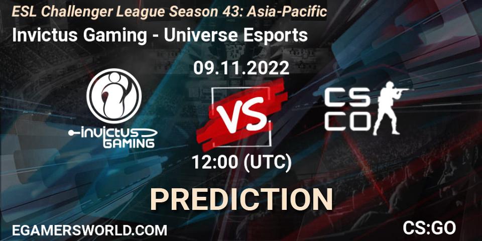 Invictus Gaming contre Universe Esports : prédiction de match. 09.11.2022 at 12:00. Counter-Strike (CS2), ESL Challenger League Season 43: Asia-Pacific