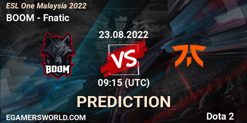 BOOM contre Fnatic : prédiction de match. 23.08.2022 at 09:15. Dota 2, ESL One Malaysia 2022