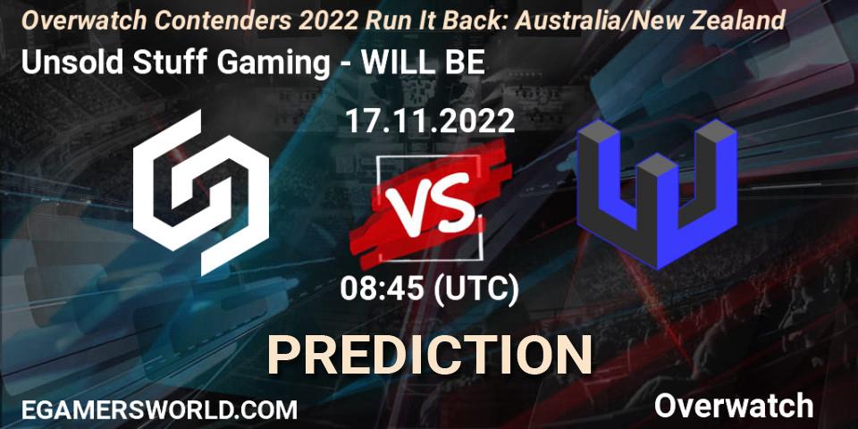 Unsold Stuff Gaming contre WILL BE : prédiction de match. 17.11.2022 at 08:35. Overwatch, Overwatch Contenders 2022 - Australia/New Zealand - November