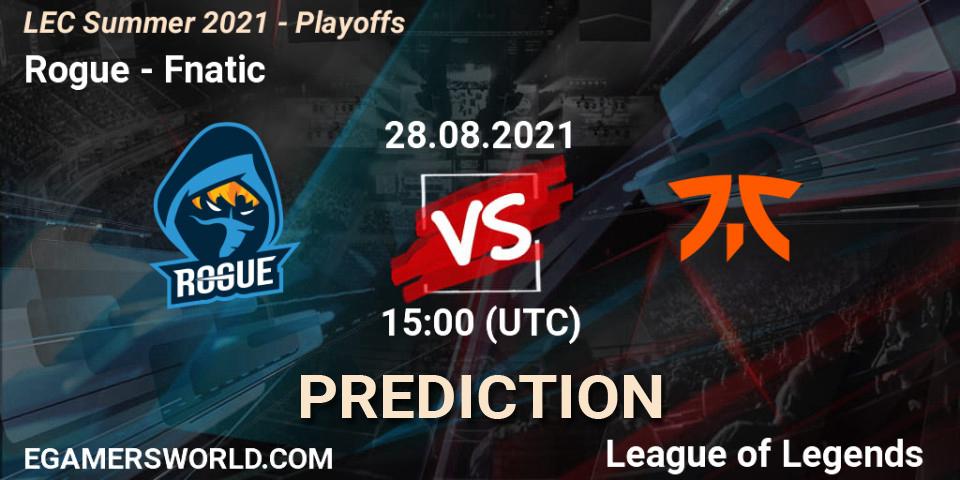 Rogue contre Fnatic : prédiction de match. 28.08.2021 at 15:00. LoL, LEC Summer 2021 - Playoffs