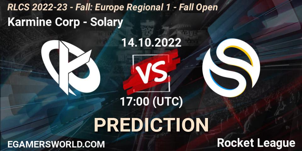 Karmine Corp contre Solary : prédiction de match. 14.10.2022 at 15:00. Rocket League, RLCS 2022-23 - Fall: Europe Regional 1 - Fall Open