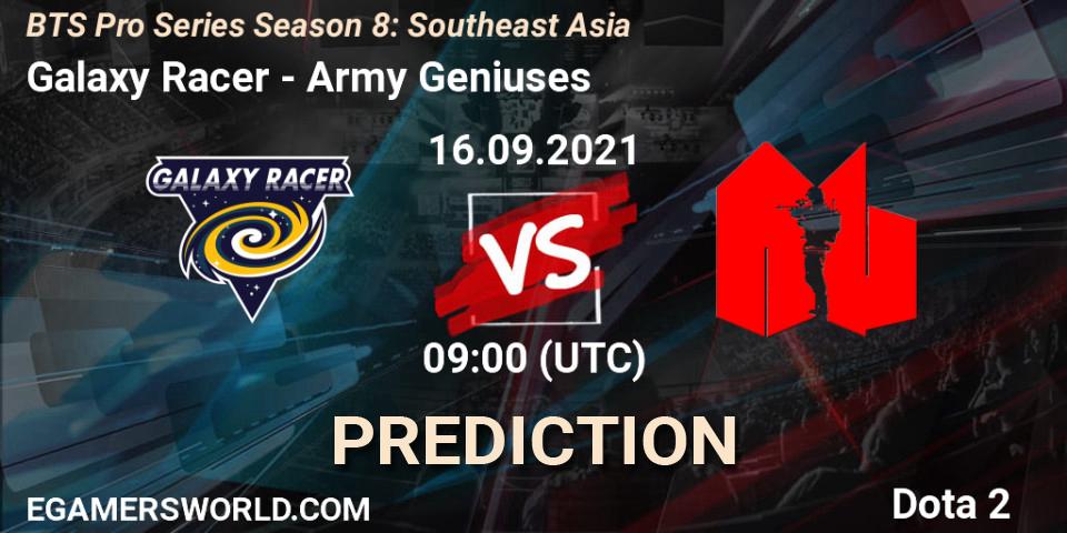 Galaxy Racer contre Army Geniuses : prédiction de match. 16.09.2021 at 09:18. Dota 2, BTS Pro Series Season 8: Southeast Asia