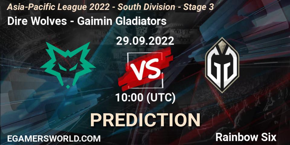 Dire Wolves contre Gaimin Gladiators : prédiction de match. 29.09.2022 at 10:00. Rainbow Six, Asia-Pacific League 2022 - South Division - Stage 3