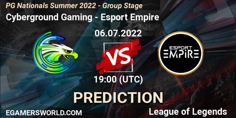 Cyberground Gaming contre Esport Empire : prédiction de match. 06.07.2022 at 19:00. LoL, PG Nationals Summer 2022 - Group Stage