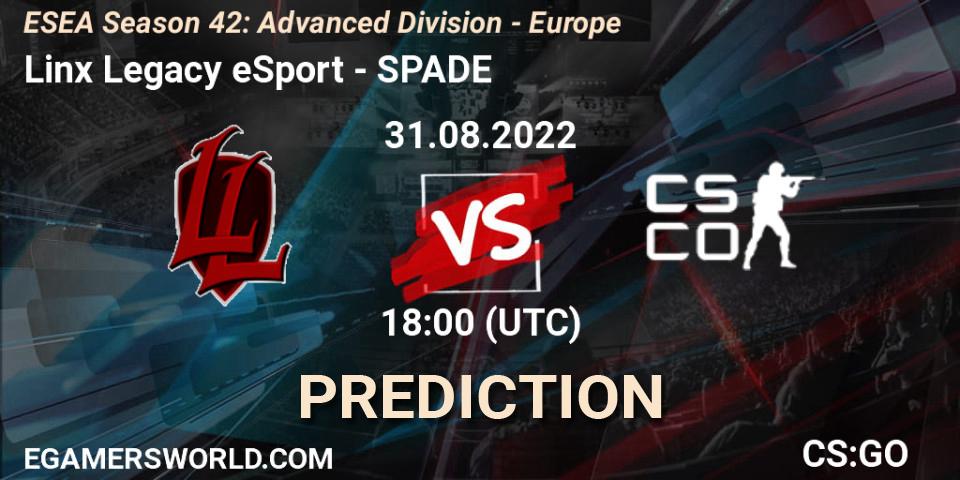 Linx Legacy eSport contre SPADE : prédiction de match. 31.08.2022 at 18:00. Counter-Strike (CS2), ESEA Season 42: Advanced Division - Europe