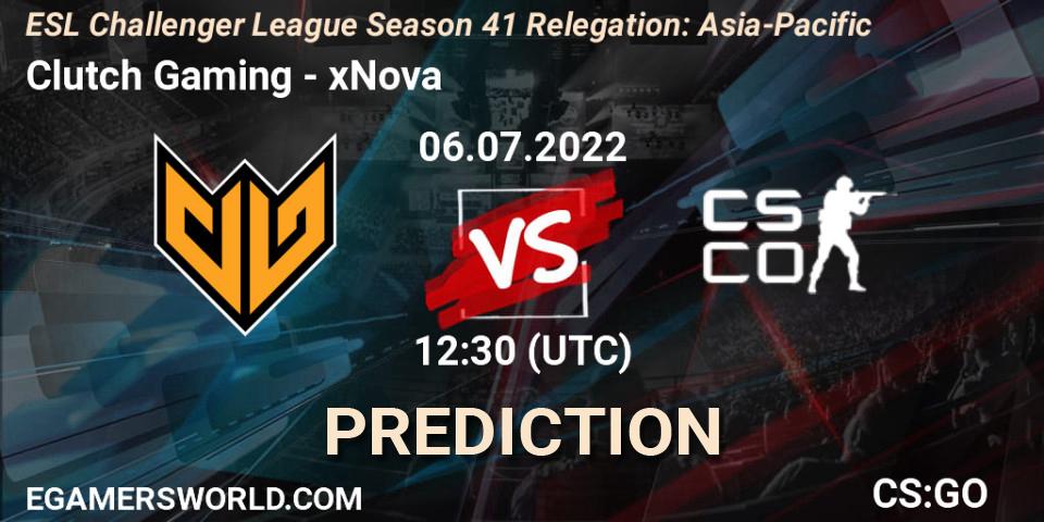 Clutch Gaming contre xNova : prédiction de match. 06.07.2022 at 12:30. Counter-Strike (CS2), ESL Challenger League Season 41 Relegation: Asia-Pacific