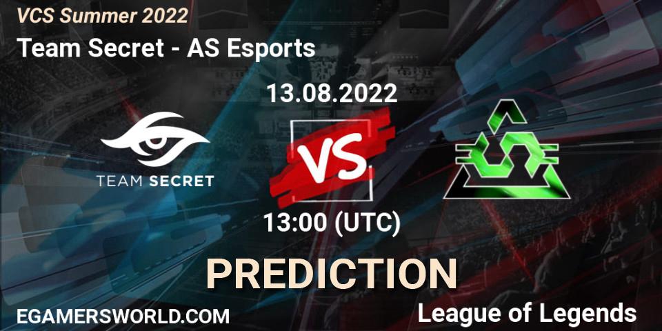 Team Secret contre AS Esports : prédiction de match. 13.08.2022 at 13:00. LoL, VCS Summer 2022