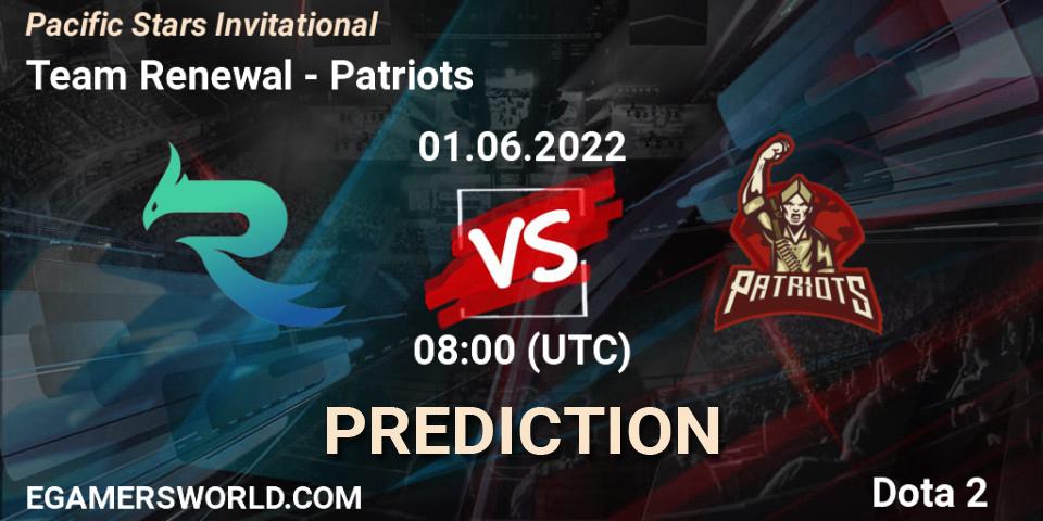 Team Renewal contre Patriots : prédiction de match. 01.06.2022 at 09:17. Dota 2, Pacific Stars Invitational