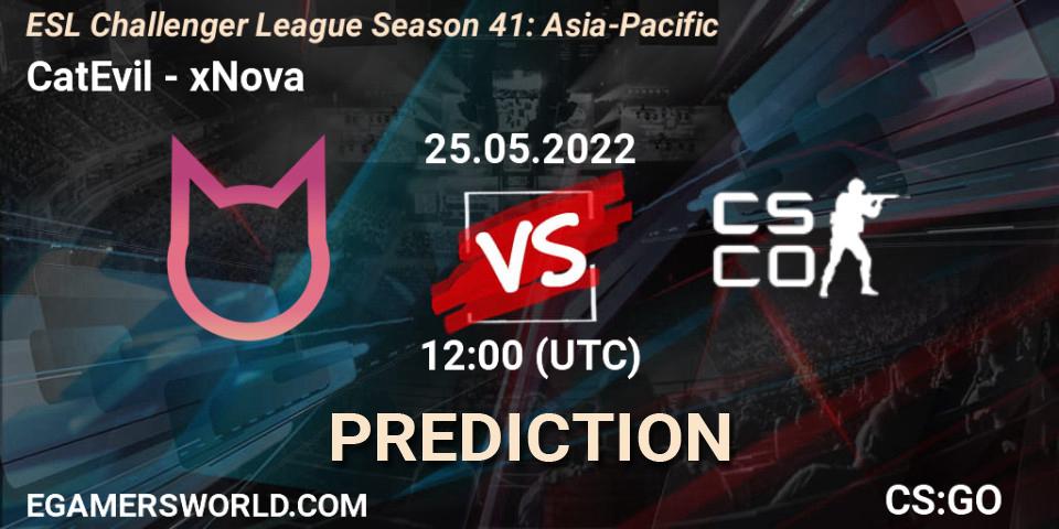 CatEvil contre xNova : prédiction de match. 25.05.2022 at 12:00. Counter-Strike (CS2), ESL Challenger League Season 41: Asia-Pacific