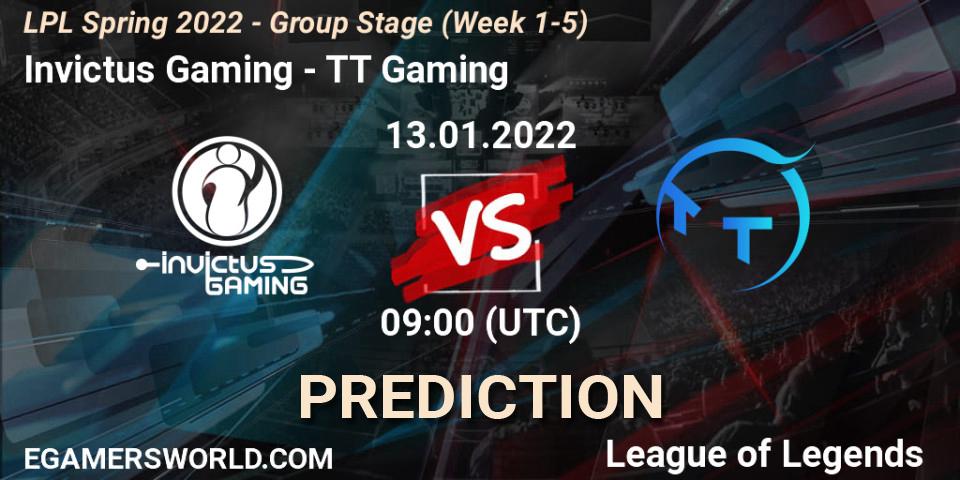 Invictus Gaming contre TT Gaming : prédiction de match. 13.01.2022 at 09:00. LoL, LPL Spring 2022 - Group Stage (Week 1-5)