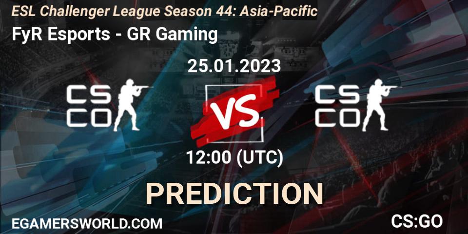 FyR Esports contre GR Gaming : prédiction de match. 25.01.2023 at 12:00. Counter-Strike (CS2), ESL Challenger League Season 44: Asia-Pacific
