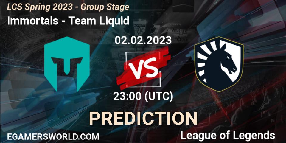 Immortals contre Team Liquid : prédiction de match. 03.02.2023 at 01:00. LoL, LCS Spring 2023 - Group Stage