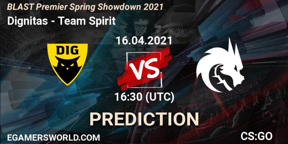 Dignitas contre Team Spirit : prédiction de match. 16.04.2021 at 18:10. Counter-Strike (CS2), BLAST Premier Spring Showdown 2021