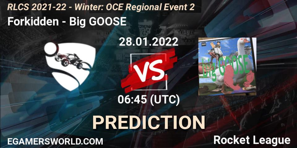 Forkidden contre Big GOOSE : prédiction de match. 28.01.2022 at 06:45. Rocket League, RLCS 2021-22 - Winter: OCE Regional Event 2