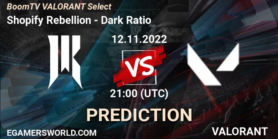 Shopify Rebellion contre Dark Ratio : prédiction de match. 12.11.2022 at 21:00. VALORANT, BoomTV VALORANT Select