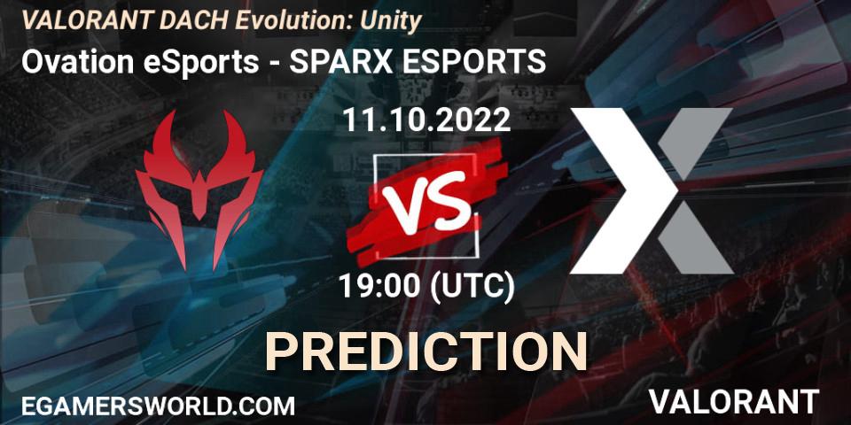 Ovation eSports contre SPARX ESPORTS : prédiction de match. 11.10.2022 at 19:00. VALORANT, VALORANT DACH Evolution: Unity