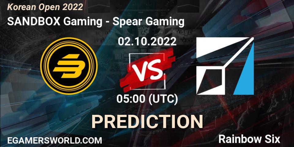 SANDBOX Gaming contre Spear Gaming : prédiction de match. 02.10.2022 at 05:00. Rainbow Six, Korean Open 2022