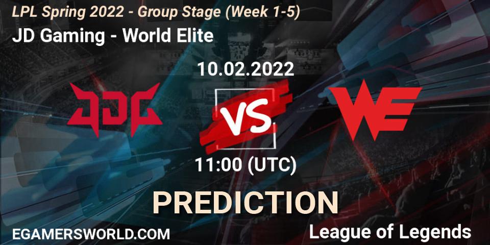 JD Gaming contre World Elite : prédiction de match. 10.02.2022 at 11:00. LoL, LPL Spring 2022 - Group Stage (Week 1-5)