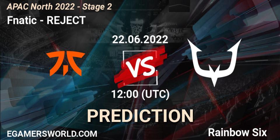 Fnatic contre REJECT : prédiction de match. 22.06.2022 at 12:00. Rainbow Six, APAC North 2022 - Stage 2