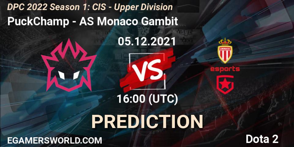 PuckChamp contre AS Monaco Gambit : prédiction de match. 05.12.2021 at 14:00. Dota 2, DPC 2022 Season 1: CIS - Upper Division