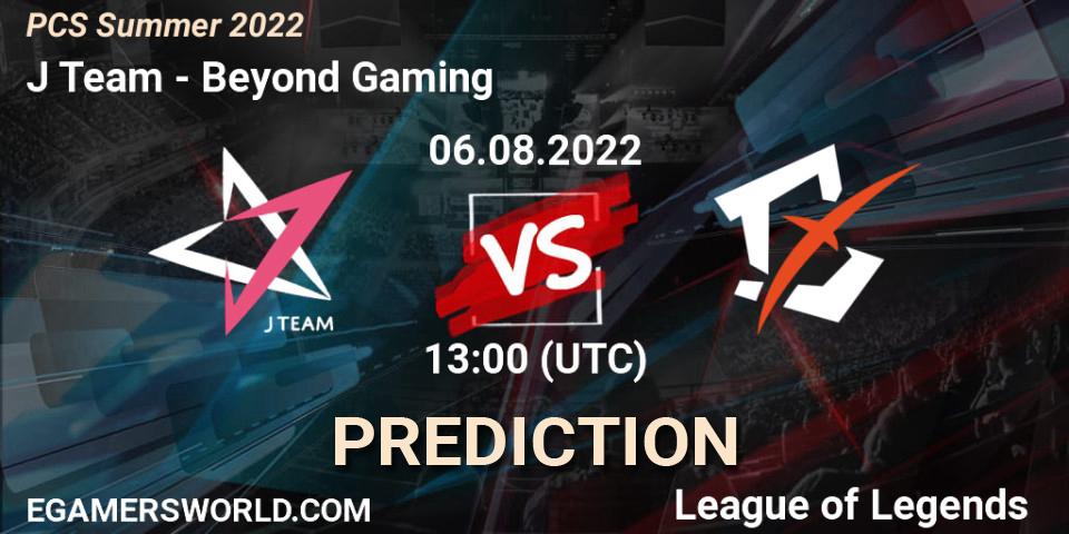 J Team contre Beyond Gaming : prédiction de match. 06.08.2022 at 13:00. LoL, PCS Summer 2022