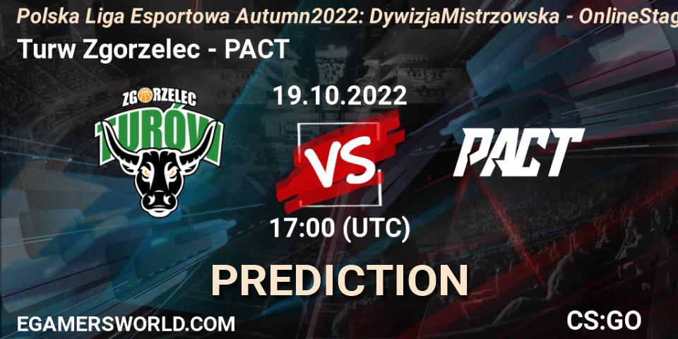 Turów Zgorzelec contre PACT : prédiction de match. 19.10.2022 at 17:00. Counter-Strike (CS2), Polska Liga Esportowa Autumn 2022: Dywizja Mistrzowska - Online Stage