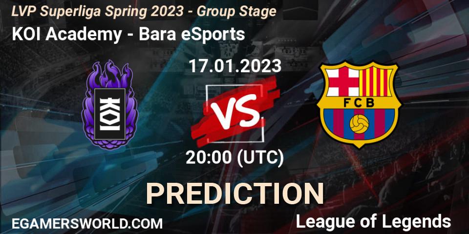 KOI Academy contre Barça eSports : prédiction de match. 17.01.2023 at 20:00. LoL, LVP Superliga Spring 2023 - Group Stage