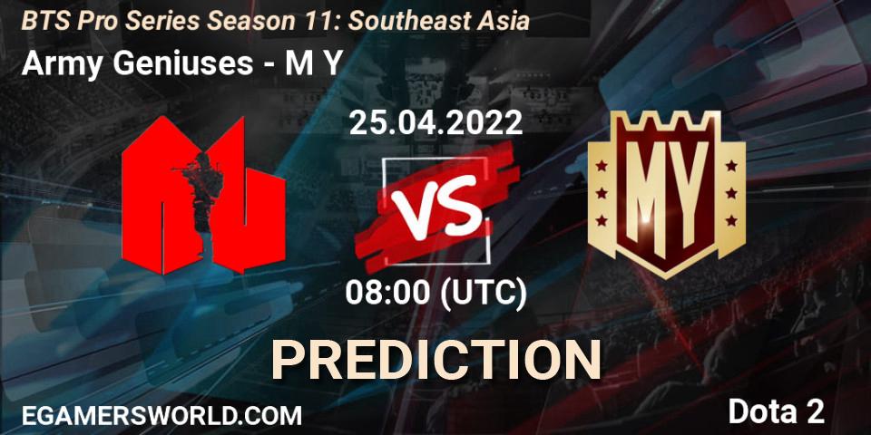 Army Geniuses contre M Y : prédiction de match. 25.04.2022 at 07:23. Dota 2, BTS Pro Series Season 11: Southeast Asia
