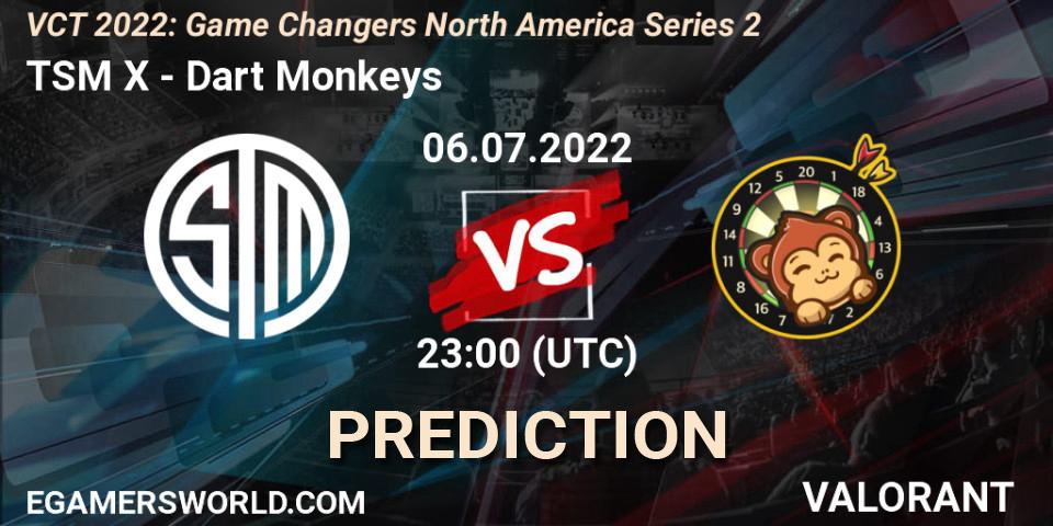 TSM X contre Dart Monkeys : prédiction de match. 06.07.2022 at 22:30. VALORANT, VCT 2022: Game Changers North America Series 2
