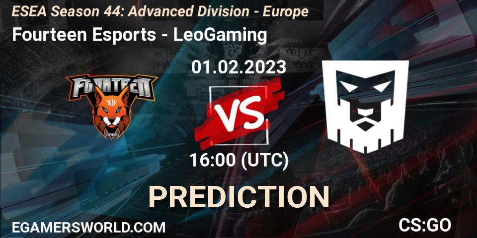 Fourteen Esports contre LeoGaming : prédiction de match. 10.02.2023 at 15:00. Counter-Strike (CS2), ESEA Season 44: Advanced Division - Europe