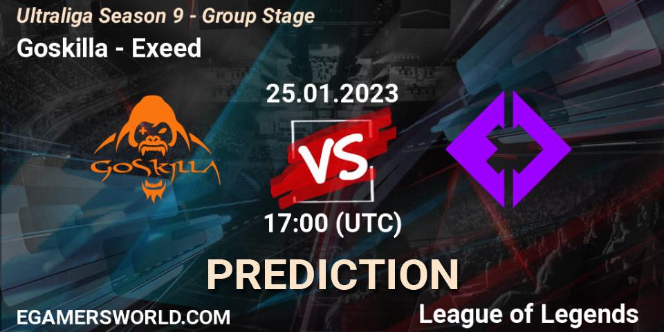 Goskilla contre Exeed : prédiction de match. 25.01.2023 at 17:00. LoL, Ultraliga Season 9 - Group Stage