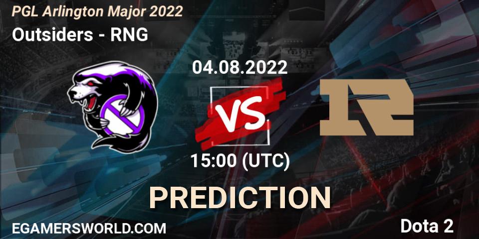 Outsiders contre RNG : prédiction de match. 04.08.2022 at 15:12. Dota 2, PGL Arlington Major 2022 - Group Stage