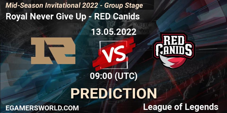 Royal Never Give Up contre RED Canids : prédiction de match. 12.05.2022 at 11:00. LoL, Mid-Season Invitational 2022 - Group Stage