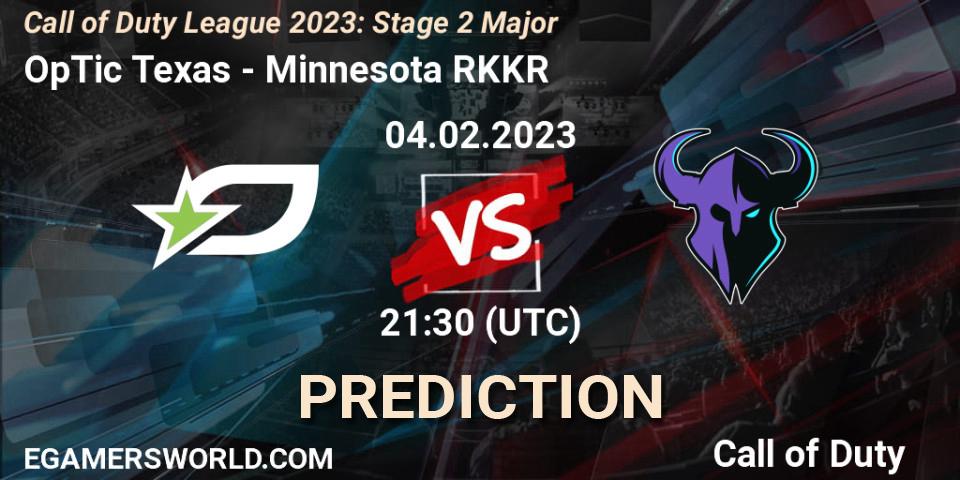 OpTic Texas contre Minnesota RØKKR : prédiction de match. 04.02.2023 at 21:30. Call of Duty, Call of Duty League 2023: Stage 2 Major