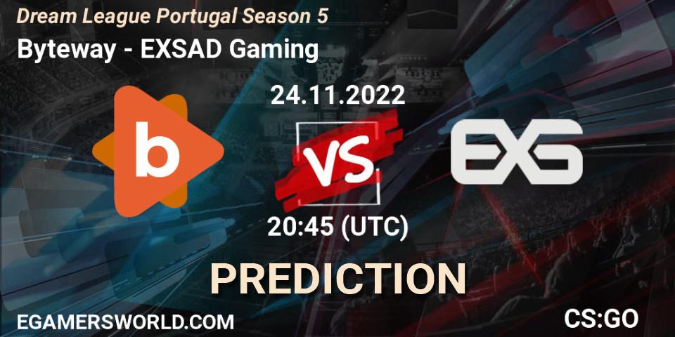 Byteway contre EXSAD Gaming : prédiction de match. 24.11.2022 at 20:45. Counter-Strike (CS2), Dream League Portugal Season 5