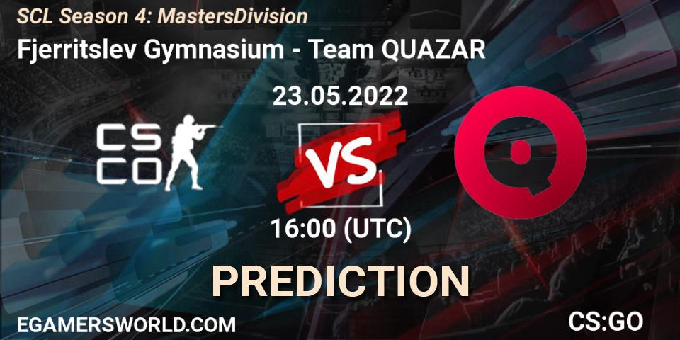 Fjerritslev Gymnasium contre QUAZAR : prédiction de match. 23.05.2022 at 16:00. Counter-Strike (CS2), SCL Season 4: Masters Division