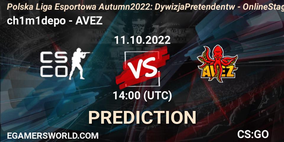 ch1m1depo contre AVEZ : prédiction de match. 11.10.2022 at 14:00. Counter-Strike (CS2), Polska Liga Esportowa Autumn 2022: Dywizja Pretendentów - Online Stage