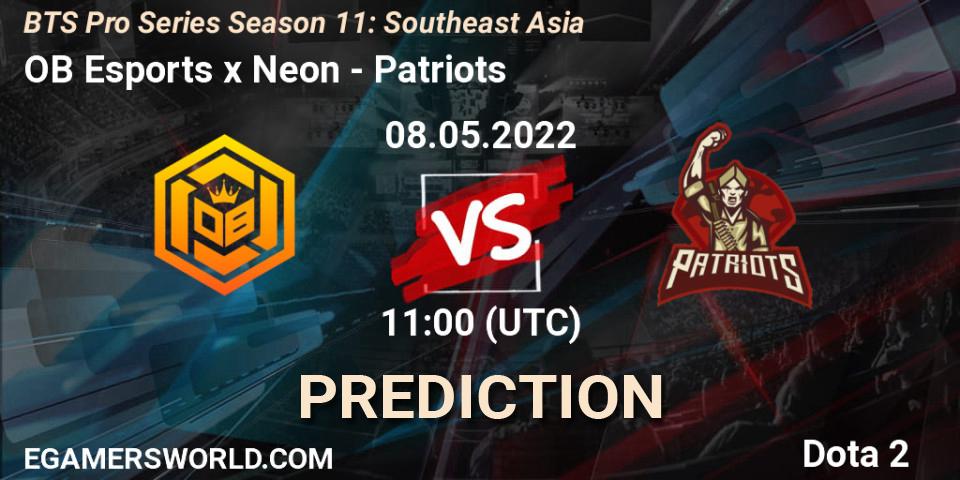 OB Esports x Neon contre Patriots : prédiction de match. 08.05.2022 at 11:18. Dota 2, BTS Pro Series Season 11: Southeast Asia