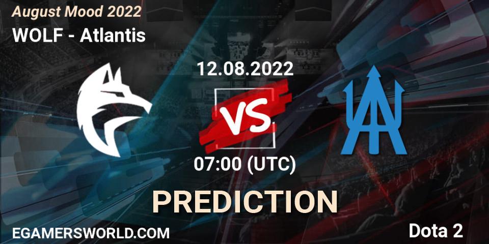 WOLF contre Atlantis : prédiction de match. 12.08.2022 at 07:37. Dota 2, August Mood 2022