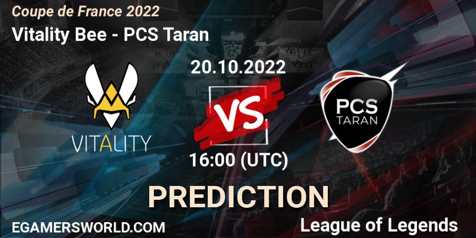 Vitality Bee contre PCS Taran : prédiction de match. 20.10.2022 at 15:20. LoL, Coupe de France 2022