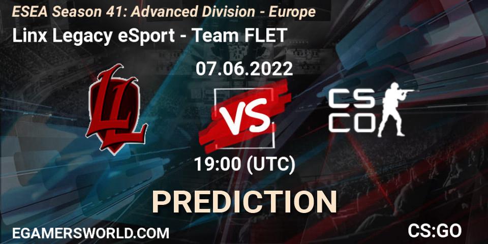 Linx Legacy eSport contre Team FLET : prédiction de match. 07.06.2022 at 19:00. Counter-Strike (CS2), ESEA Season 41: Advanced Division - Europe