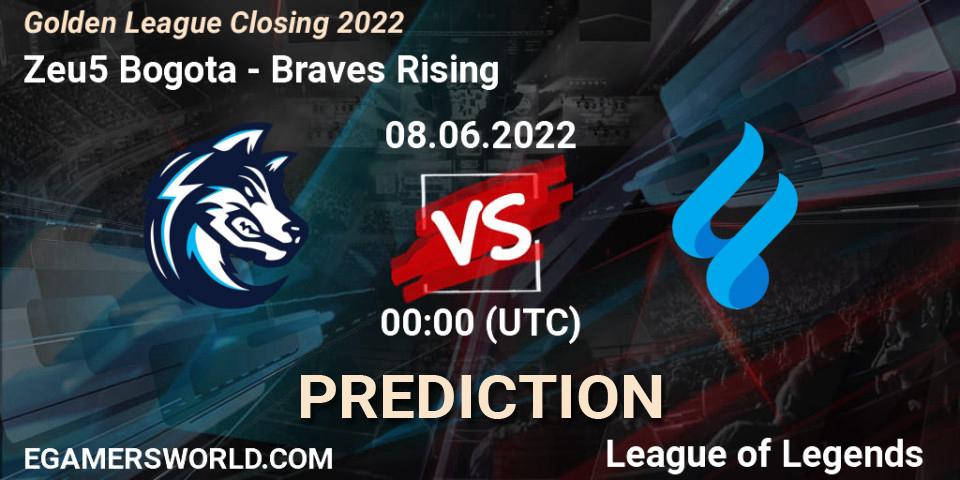 Zeu5 Bogota contre Braves Rising : prédiction de match. 08.06.2022 at 00:00. LoL, Golden League Closing 2022