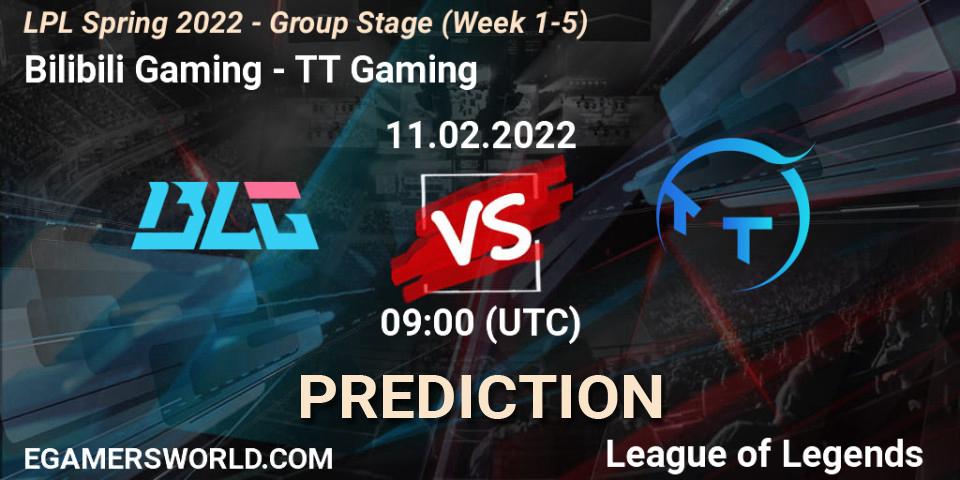Bilibili Gaming contre TT Gaming : prédiction de match. 11.02.2022 at 10:00. LoL, LPL Spring 2022 - Group Stage (Week 1-5)