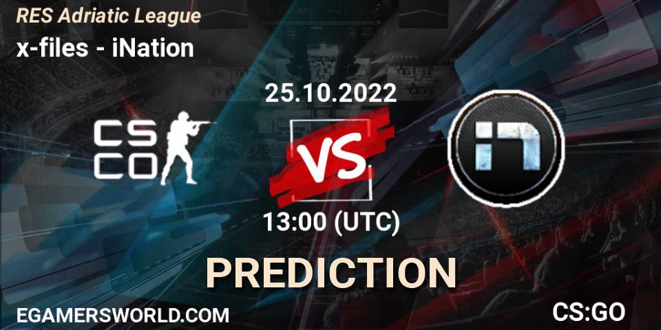 x-files contre iNation : prédiction de match. 25.10.2022 at 13:00. Counter-Strike (CS2), RES Adriatic League