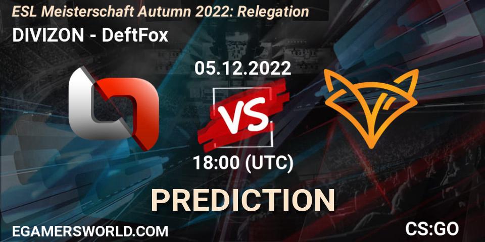 DIVIZON contre DeftFox : prédiction de match. 05.12.2022 at 18:00. Counter-Strike (CS2), ESL Meisterschaft Autumn 2022: Relegation