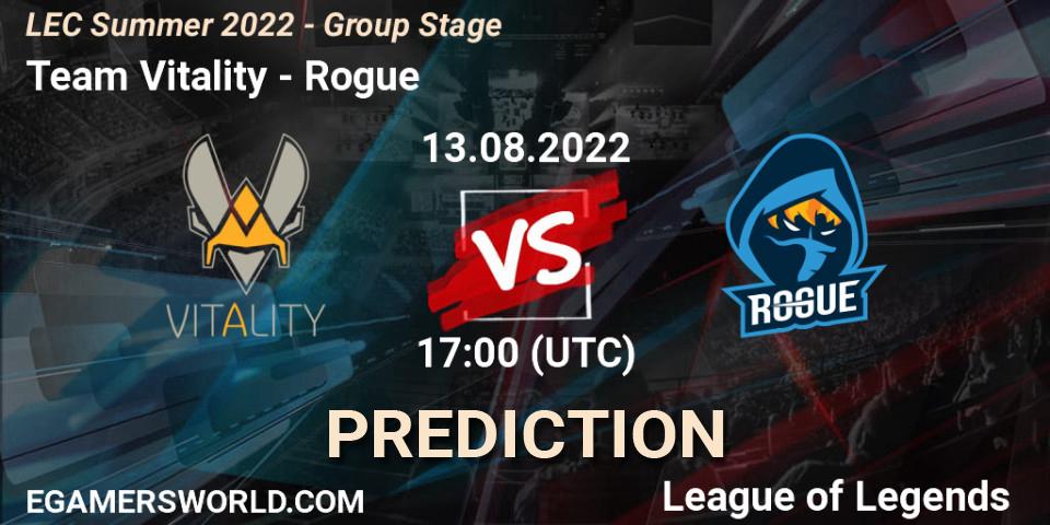 Team Vitality contre Rogue : prédiction de match. 14.08.2022 at 18:00. LoL, LEC Summer 2022 - Group Stage