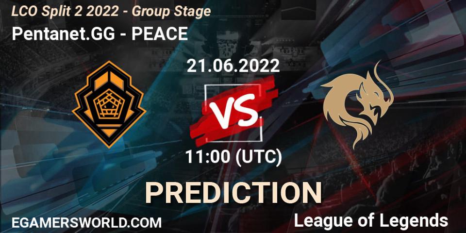 Pentanet.GG contre PEACE : prédiction de match. 21.06.2022 at 11:30. LoL, LCO Split 2 2022 - Group Stage