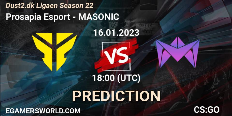 Prosapia Esport contre MASONIC : prédiction de match. 16.01.2023 at 18:00. Counter-Strike (CS2), Dust2.dk Ligaen Season 22